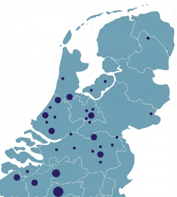 aart van Nederland met blauwe stippen die onze locaties voor incompany AI workshops aangeven.